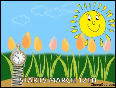 A Cartoon Of Flowers And A Clock With The Words Starts March 12Th GIF