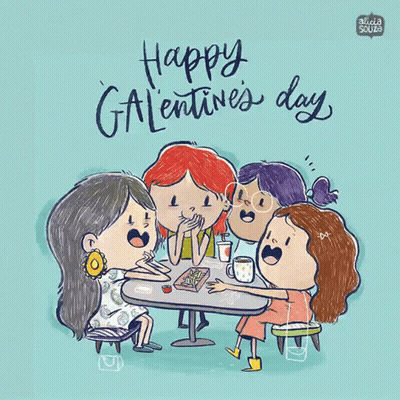 A Cartoon Of Four Girls Sitting At A Table With The Words Happy Valentine 'S Day On The Bottom GIF