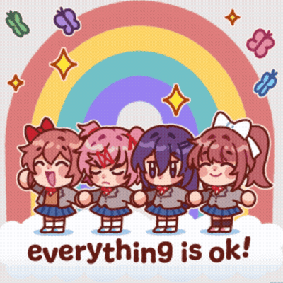 A Cartoon Of Four Girls Standing In Front Of A Rainbow With The Words Everything Is Ok GIF