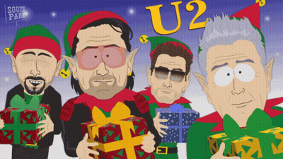 A Cartoon Of Four Men Dressed As Elves Holding Presents With U2 Written On The Top GIF