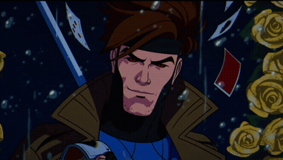 A Cartoon Of Gambit Holding A Sword And Playing Cards In The Background GIF