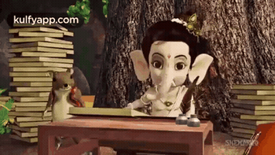 A Cartoon Of Ganesha Sitting At A Table With A Stack Of Books And A Frog . GIF