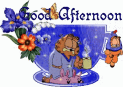 A Cartoon Of Garfield Drinking A Cup Of Coffee With The Words Good Afternoon GIF