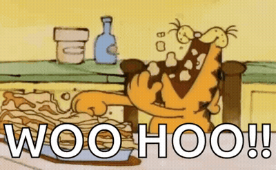 A Cartoon Of Garfield Eating A Stack Of Pancakes With The Words `` Woo Hoo ! '' GIF