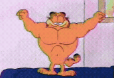 A Cartoon Of Garfield Flexing His Muscles While Standing On A Bed GIF