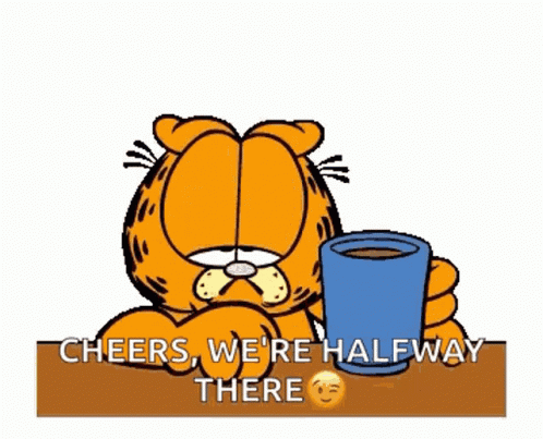 A Cartoon Of Garfield Holding A Cup Of Coffee With The Words Cheers We 'Re Halfway There GIF