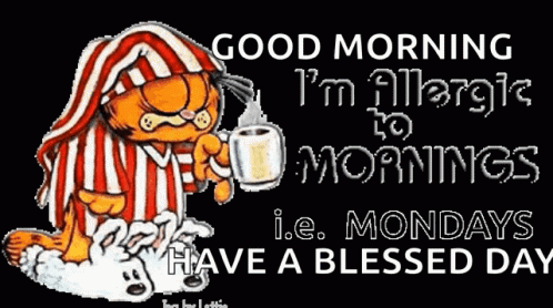 A Cartoon Of Garfield Holding A Cup Of Coffee With The Words Good Morning I 'M Allergic To Mornings GIF