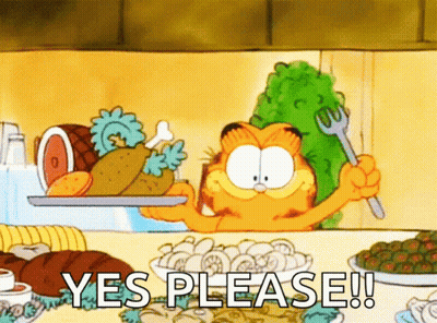 A Cartoon Of Garfield Holding A Fork And A Tray Of Food With The Words Yes Please Below Him GIF