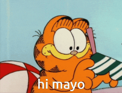 A Cartoon Of Garfield Holding An Umbrella With The Words Hi Mayo On The Bottom GIF