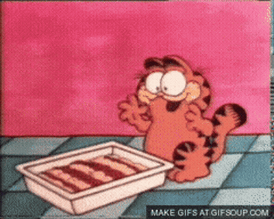 A Cartoon Of Garfield Looking At A Tray Of Food GIF