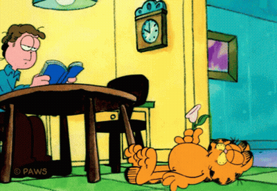 A Cartoon Of Garfield Reading A Book With The Paws Logo On The Bottom GIF