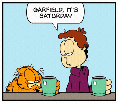 A Cartoon Of Garfield Saying It 'S Saturday While Sitting At A Table GIF