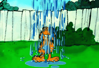 A Cartoon Of Garfield Standing In The Rain With Paws Written On The Bottom Right GIF