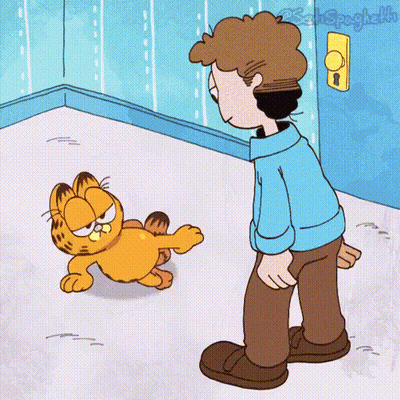 A Cartoon Of Garfield Standing Next To A Boy In A Room GIF