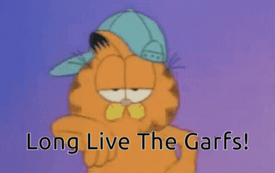 A Cartoon Of Garfield Wearing A Blue Hat And The Words Long Live The Garfs GIF
