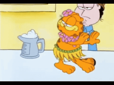 A Cartoon Of Garfield Wearing A Hula Skirt GIF