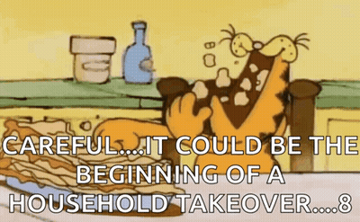 A Cartoon Of Garfield With The Words " Careful ... It Could Be The Beginning Of A Household Takeover ... 8 " GIF