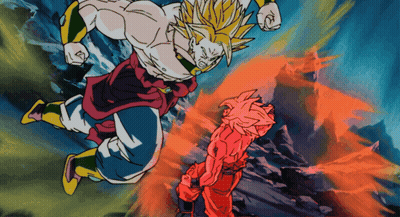A Cartoon Of Goku And Broly Fighting Each Other With A Blue Background GIF