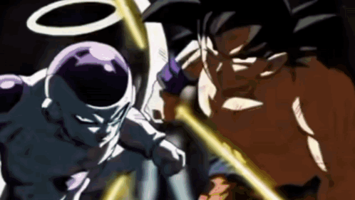 A Cartoon Of Goku And Frieza Fighting Each Other In A Dark Room . GIF
