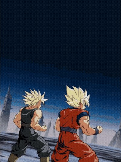 A Cartoon Of Goku And Trunks Fighting Each Other GIF