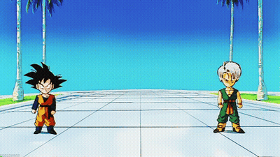 A Cartoon Of Goku And Trunks Standing Next To Each Other In Front Of Palm Trees GIF