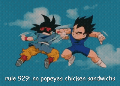A Cartoon Of Goku And Vegeta Fighting With The Caption Rule 929 : No Popeyes Chicken Sandwiches GIF