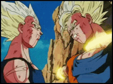 A Cartoon Of Goku And Vegeta Standing Next To Each Other Looking At Each Other GIF