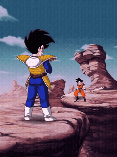 A Cartoon Of Goku And Vegeta Standing Next To Each Other On A Cliff GIF