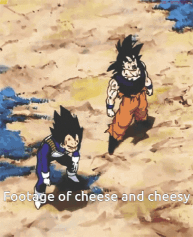 A Cartoon Of Goku And Vegeta Standing Next To Each Other With The Caption Footage Of Cheese And Cheesy GIF