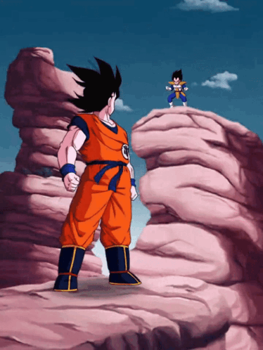 A Cartoon Of Goku And Vegeta Standing On Top Of A Rocky Cliff GIF