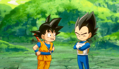 A Cartoon Of Goku And Vegeta Talking To Each Other GIF