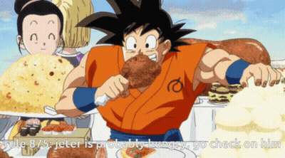 A Cartoon Of Goku Eating A Large Piece Of Meat GIF