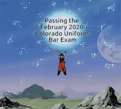 A Cartoon Of Goku Flying Through The Air With The Words " Passing The February 2020 Colorado Uniform Bar Exam " GIF