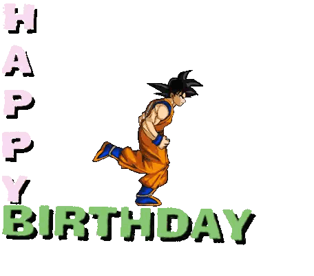 A Cartoon Of Goku Jumping In The Air With The Words Happy Birthday Behind Him Sticker
