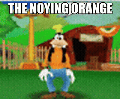 A Cartoon Of Goofy Standing In Front Of A Barn With The Words The Noying Orange Above Him GIF