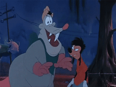 A Cartoon Of Goofy Standing Next To A Giant Rat GIF