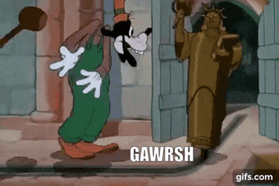 A Cartoon Of Goofy Standing Next To A Statue Of Liberty With The Words Gawrsh Written On It . GIF