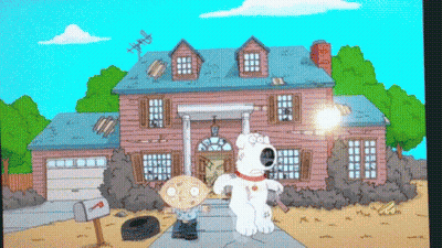 A Cartoon Of Griffin And Stewie Standing In Front Of A Brick House GIF