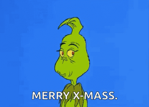 A Cartoon Of Grinch Says Merry X-Mass On A Blue Background GIF