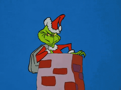 A Cartoon Of Grinch Wearing A Santa Hat And Carrying A Bag GIF