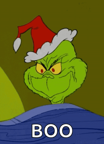 A Cartoon Of Grinch Wearing A Santa Hat And The Word Boo Below Him GIF
