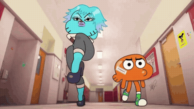 A Cartoon Of Gumball And Darwin Standing In A Hallway With A Sticker That Says ' A ' On It GIF