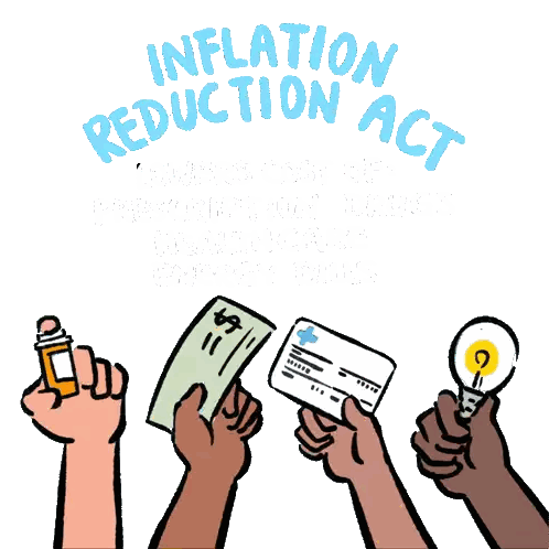 A Cartoon Of Hands Holding Various Items With The Words " Inflation Reduction Act " Written Above Them Sticker