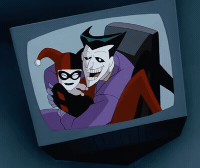 A Cartoon Of Harley Quinn And The Joker On A Tv Screen GIF