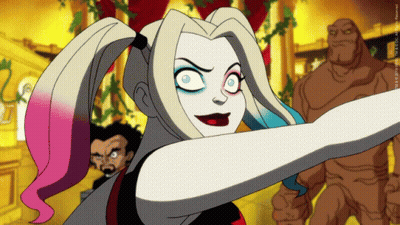 A Cartoon Of Harley Quinn Is Standing In Front Of A Statue GIF