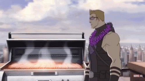 A Cartoon Of Hawkeye Standing In Front Of A Grill With A Marvel Logo In The Corner GIF