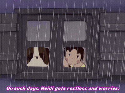 A Cartoon Of Heidi And Her Dog Looking Out A Window With The Caption On Such Days Heidi Gets Restless And Worries GIF