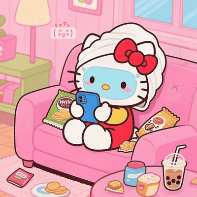 A Cartoon Of Hello Kitty Sitting On A Pink Couch Holding A Cell Phone GIF