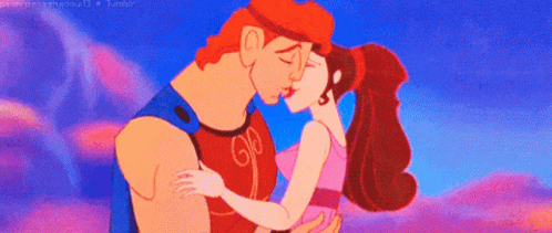 A Cartoon Of Hercules And Megara Kissing In The Sky GIF
