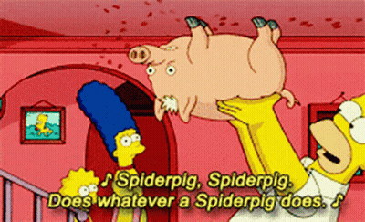 A Cartoon Of Homer Holding A Pig With The Words Spiderpig Spiderpig GIF